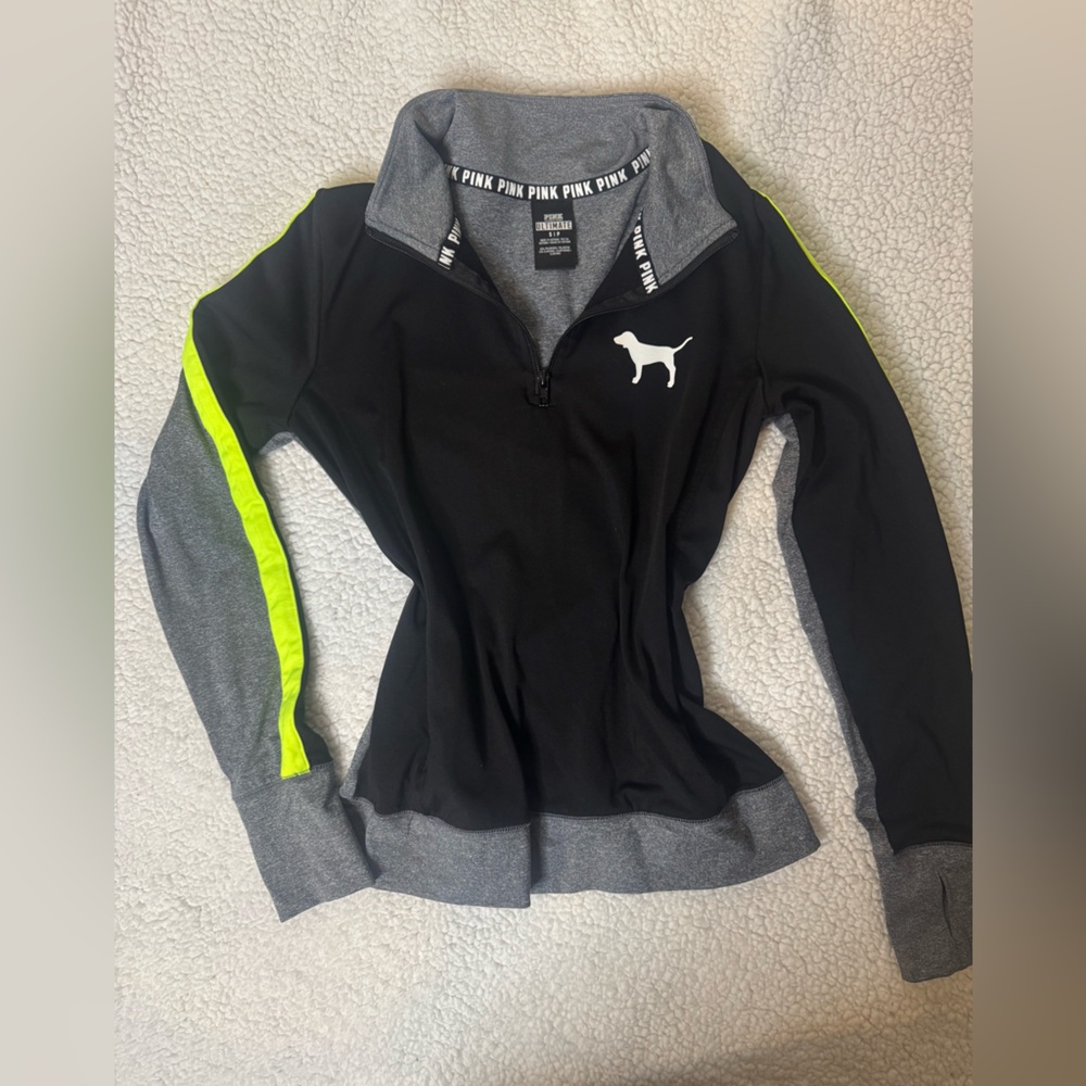VS PINK | Black and Gray Quarter-Zip Pullover with Neon Accents